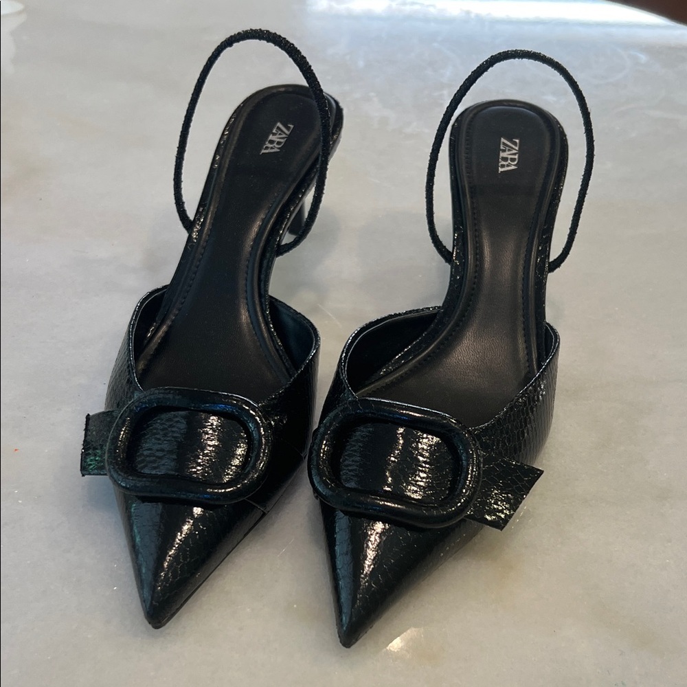 Zara Black Patent Pointed Toe Slingback Heels with Buckle